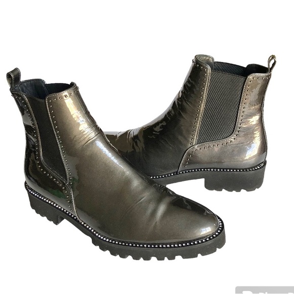 Konstantin Starke Grey Patent Leather Rhinestone Studs Booties Ankle Boots Women - Picture 1 of 14